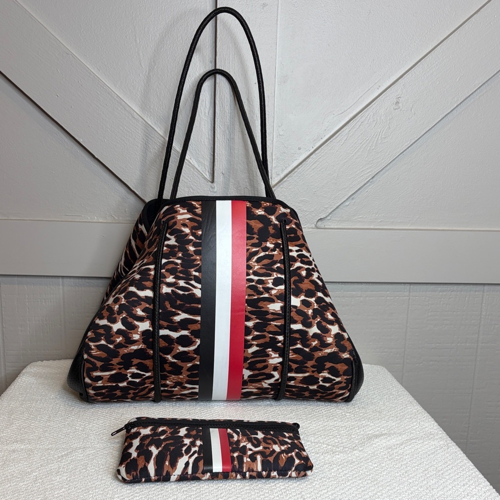 Haute Shore Greyson Wild Tote Bag Leopard Print Neoprene Black White Red Stripes